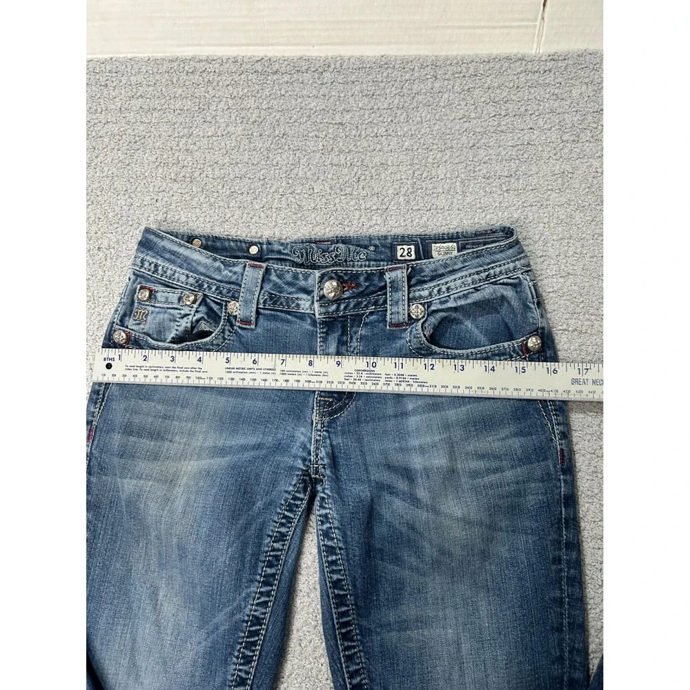 Miss Me Ultra Low Rise Y2K‎ Embroidered Jeans Sz 28 Rhinestone Skinny Western
